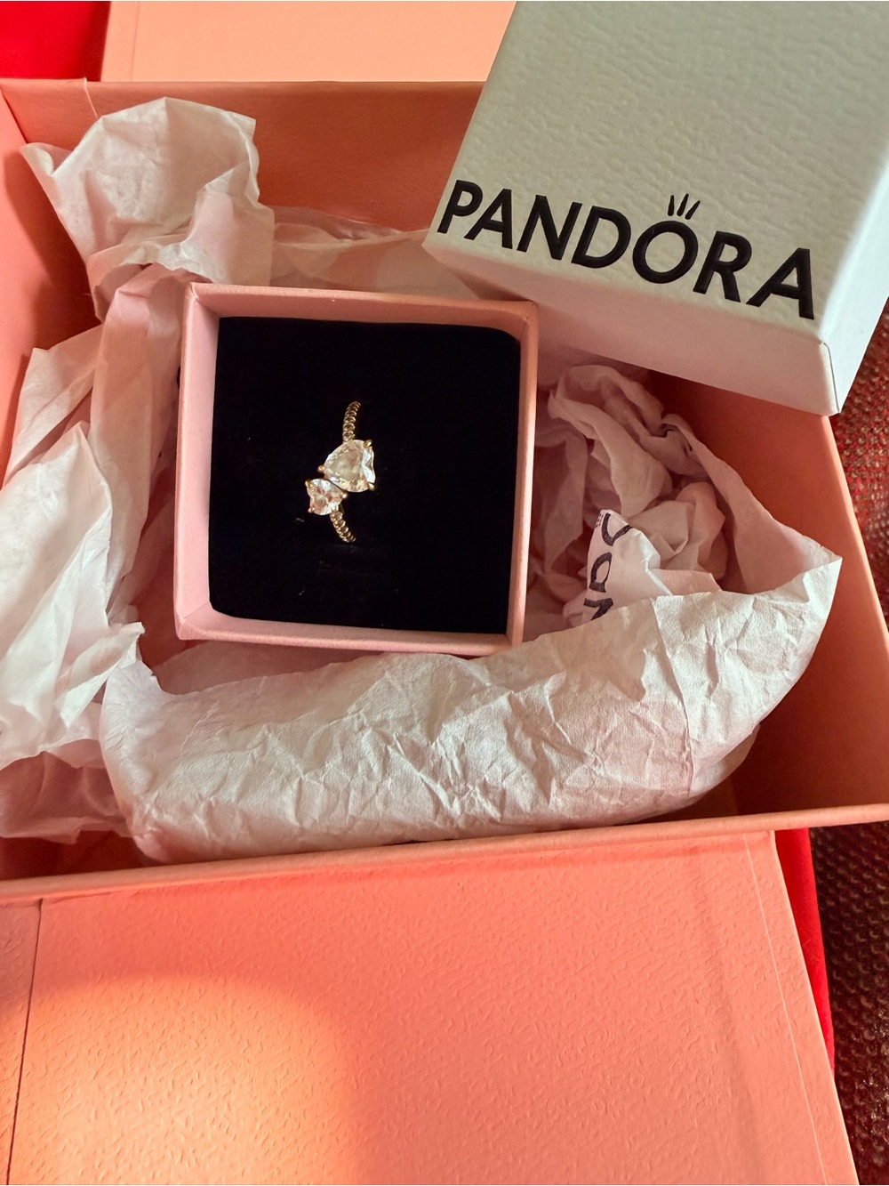 Pandora Rose Gold Heart Ring with Pink and Clear Stones. Worn 2x. Black - Picture 1 of 6